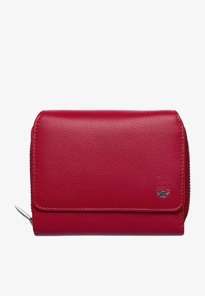 Portefeuille en cuir rouge avec une surface texturée, fermeture zippée et accent en métal. Il présente une forme rectangulaire compacte.