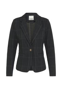 Tmavě kostkovaný blazer s klopami, jedním zlatým knoflíkem na zapínání, dvěma předními kapsami a dlouhými rukávy, označený "ICHI" uvnitř límce.