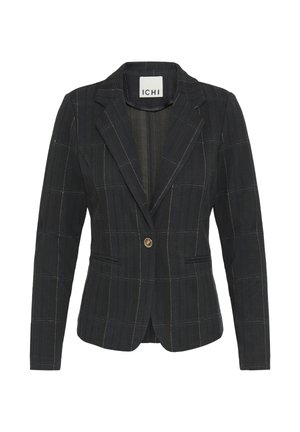 Dark plaid blazer with lapels, single gold button closure, two front pockets, and long sleeves, labeled "ICHI" inside collar.