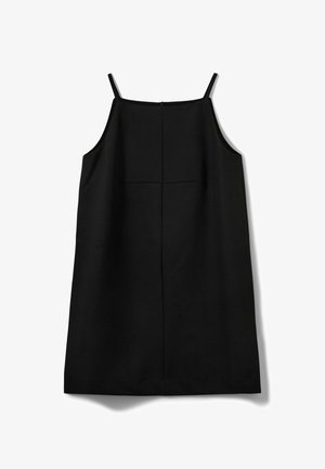 Rochie neagră fără mâneci cu bretele subțiri, croială dreaptă, culoare solidă și închidere cu fermoar la spate. Prezintă un design simplu și curat.