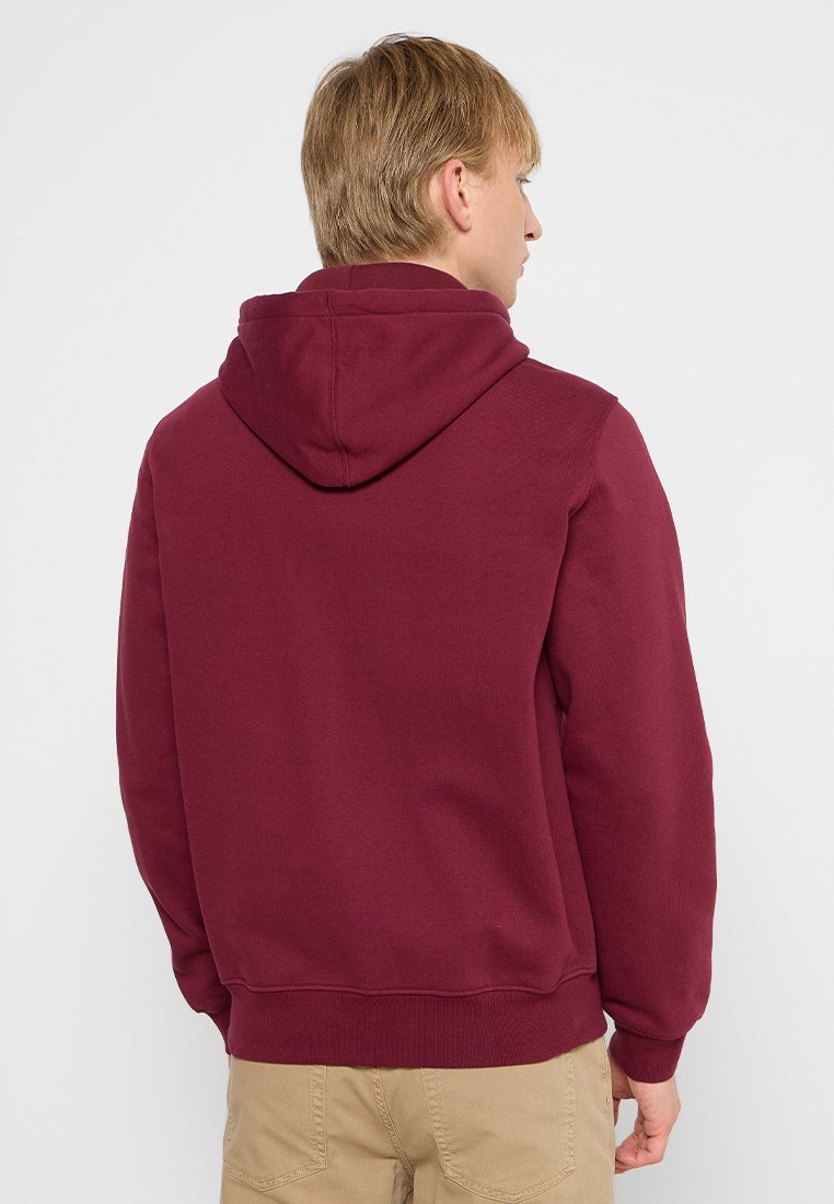 Jeune homme aux cheveux blonds portant un sweat à capuche bordeaux uni et un pantalon beige, vu de dos contre un fond blanc.