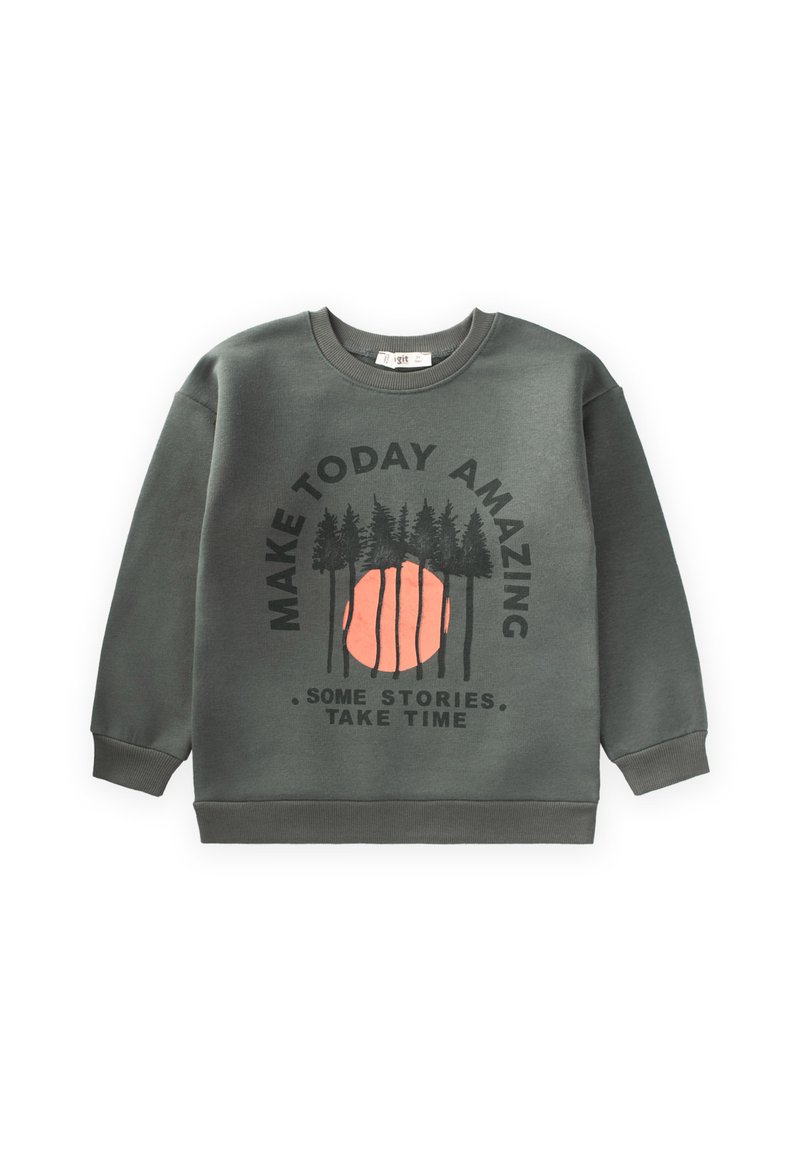 Grå sweatshirt med rund halsringning och långa ärmar. Har ett grafiskt tryck av en sol och träd, med text i svart. Mjuk textur.
