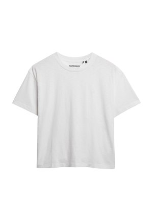 Witte katoen t-shirt met een ronde halslijn, korte mouwen en een ontspannen pasvorm. Subtiele branding op de borst. Gladde textuur.