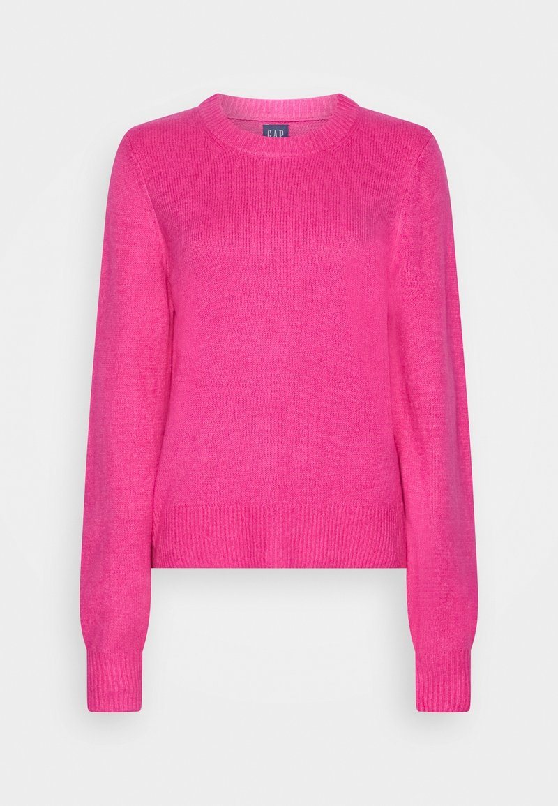 Pull à enfiler à manches longues de couleur rose vif avec poignets et ourlet côtelés, fabriqué en tissu tricoté doux, présenté sur un fond uni.