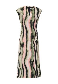 Mehrfarbiges Kleid mit einem gewellten Muster in Grün, Pink und Schwarz. Es hat einen runden Ausschnitt mit einem Schlüssellochdetail und kurze Ärmel.