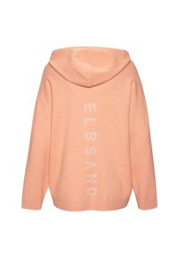 Pfirsichfarbene Kapuzenpullover mit weiten Ärmeln, einem gerippten Saum und dem Wort "ELBSAND" in hellem Druck auf dem Rücken. Weicher Stoff, lässiges Design.