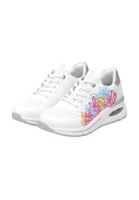 White athletic shoes with perforated upper, colorful floral design in pink, blue, and orange, grey accents, and air-cushioned sole.