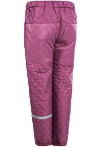Quiltede lilla bukser med elastisk talje, der har et glat panel og refleksbånd nær anklen; designet til varme og komfort.
