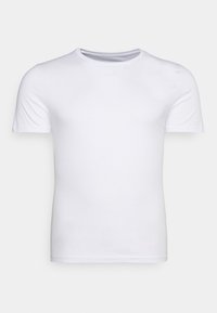 Balta trumpa rankovė t-shirt marškinėliai, pagaminti iš medvilnės, su apvaliu iškirpimu ir lygiu paviršiumi. Paprastas ir prigludęs dizainas be raštų.