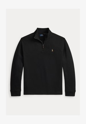 Fekete hosszú ujjú, negyed cipzáras pulóver álló gallérral és kis, hímzett Polo Ralph Lauren logóval a bal mellkason.