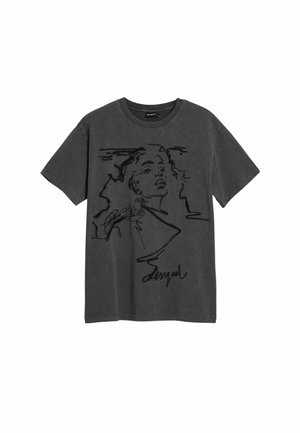 Charcoal gray t-shirt with a relaxed fit, featuring black line art design of a face and handwritten text. Short sleeves and a round neckline.
