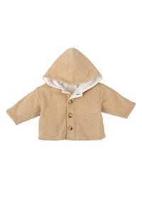 Chaqueta de bebé beige de punto con capucha, tres botones de madera y forro interior blanco, dispuesta sobre fondo blanco.