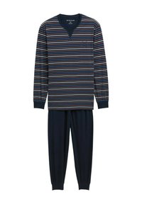Haut à manches longues rayé bleu marine avec un col en V et un pantalon tapered assorti. Le haut présente des rayures multicolores et des poignets côtelés.