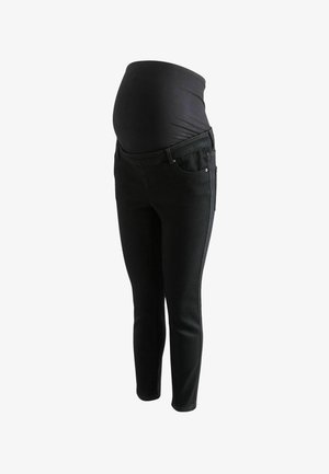 Schwarze Umstandshosen mit einem dehnbaren Bund über dem Bauch. Verfügt über fünf Taschen und ein schmal geschnittenes Design mit geraden Beinen. Klassische Denim-Textur.