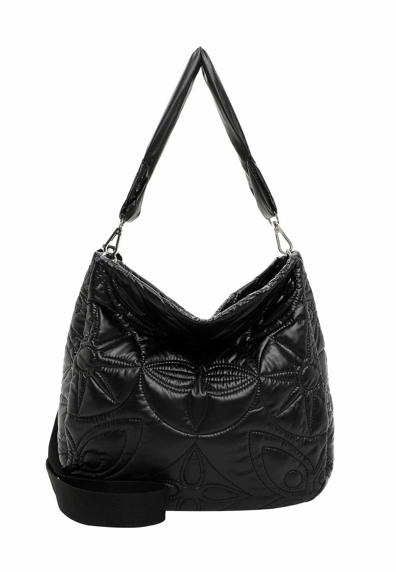 Sac d'épaule noir matelassé avec un motif floral cousu, une poignée rembourrée et une sangle noire supplémentaire réglable.