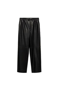 Crne hlače od umjetne kože, skraćene, sa elastičnom waistband, zatvaranjem na vezicu i dva bočna šava, koje imaju glatku teksturu i slobodan kroj.