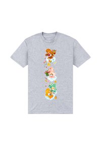 Grå bomullströja med färgglada tecknade björnar som har godis- och blommoraccent, tryckt vertikalt ner i mitten.