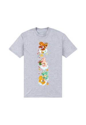 Grå bomulds-T-shirt med farverige tegneserie-bjørne og accentuer med slik og blomster, trykt lodret ned i midten.