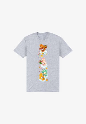 Szara bawełniana koszulka z kolorowymi kreskówkowymi niedźwiedziami z cukierkami i kwiatowymi akcentami, nadrukowana pionowo na środku.