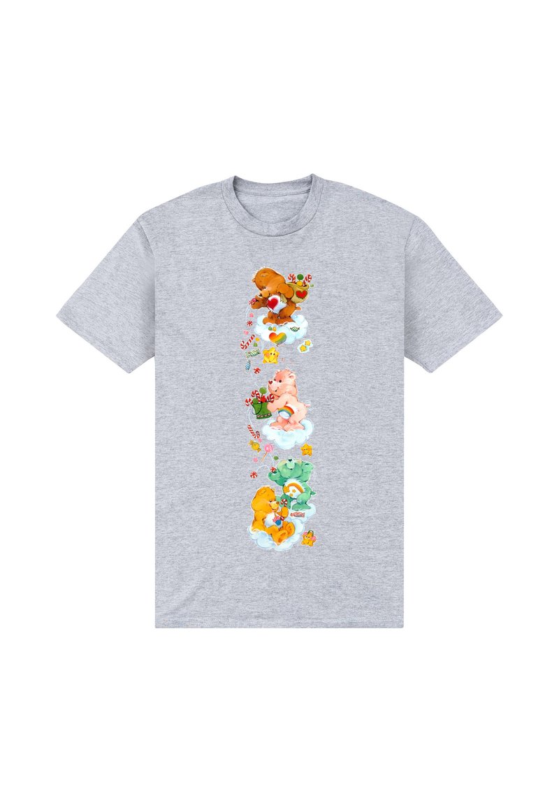 Grå bomullströja med färgglada tecknade björnar som har godis- och blommoraccent, tryckt vertikalt ner i mitten.