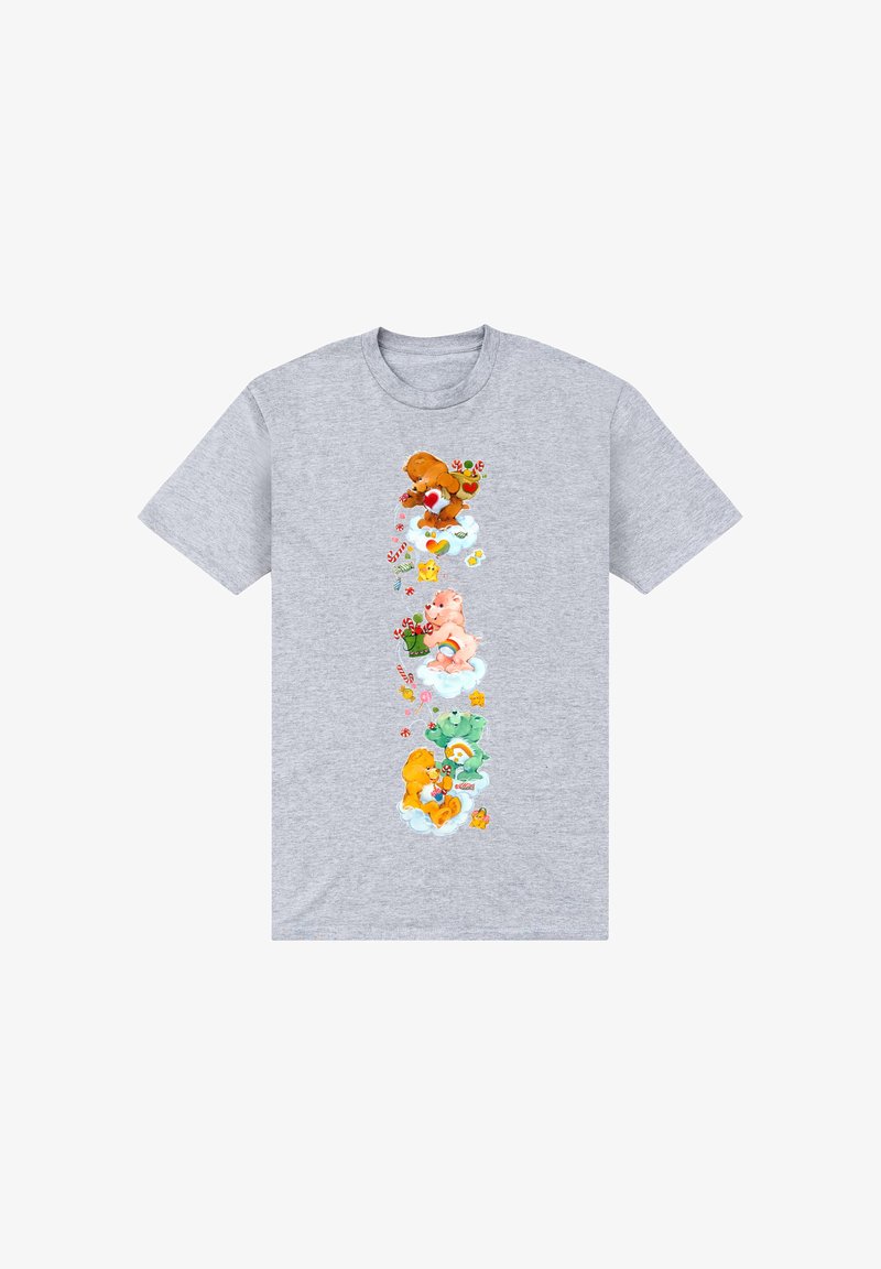 Grå bomullströja med färgglada tecknade björnar som har godis- och blommoraccent, tryckt vertikalt ner i mitten.