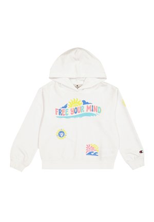 Sudadera blanca con capucha con texto "FREE YOUR MIND", gráficos de sol y ola, diseños circulares coloridos y logo de Champion en el puño de la manga izquierda.