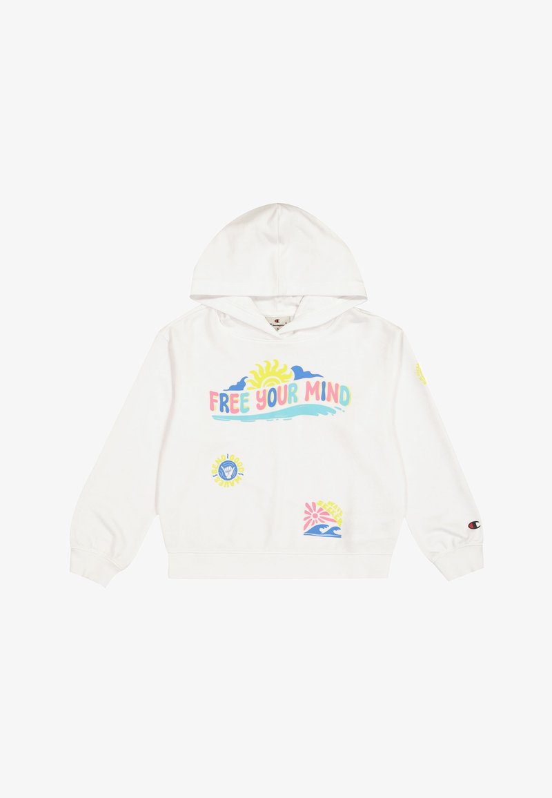 Sweat à capuche blanc avec texte "FREE YOUR MIND", graphismes de soleil et de vague, motifs circulaires colorés, et logo Champion sur le poignet de la manche gauche.