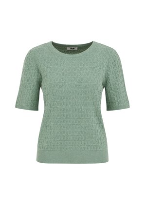 Light green knitted sweater with short sleeves, featuring a textured pattern and a rounded neckline. Ribbed hem and cuff details.