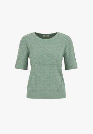 Light green knitted sweater with short sleeves, featuring a textured pattern and a rounded neckline. Ribbed hem and cuff details.