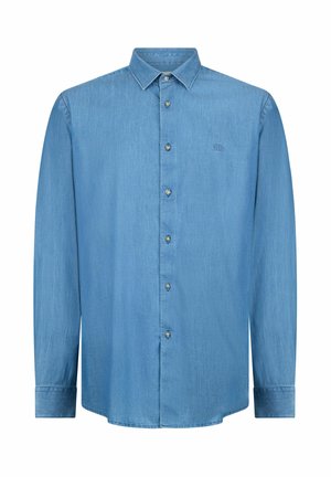 Camicia da uomo in denim azzurro a maniche lunghe con chiusura frontale con bottoni, colletto, polsini e piccolo logo ricamato sul petto.