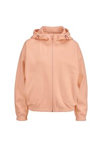 Pfirsichfarbene Fleecejacke mit Kapuze, Frontreißverschluss und großen Seitentaschen. Verfügt über Raglanärmel und verstellbare Akzente an der Kapuze.