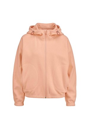 Peach-colored fleece jacket with a hood, front zipper, and large side pockets. Features raglan sleeves and drawstring accents at the hood.