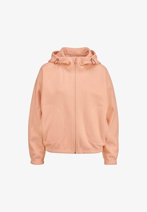 Pfirsichfarbene Fleecejacke mit Kapuze, Frontreißverschluss und großen Seitentaschen. Verfügt über Raglanärmel und verstellbare Akzente an der Kapuze.