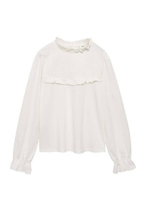 Biała bluzka z długim rękawem z marszczonym górnym przodem, falbanianym wysokim kołnierzykiem i falbanianymi mankietami na rękawach.