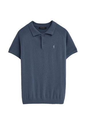 Marineblauw poloshirt met korte mouwen, geribbelde kraag en manchetten, twee knopen en een klein wit geborduurd polo spelerlogo op de borst.
