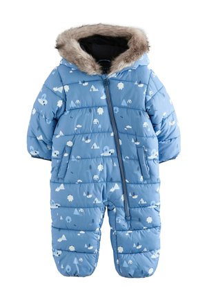 Light blue puffer snowsuit with a faux fur-lined hood, featuring white mountain and animal patterns, zip closure, and two front pockets.