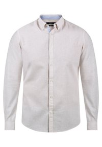 Lys beige langærmet skjorte med knaplukning, subtile tekstur, kontrasterende blå-stribet krave og hvide knaplukninger.