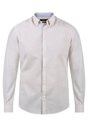 Lys beige langermet skjorte med knapper, med en subtil tekstur, kontrasterende blå-stripet krage, og hvite knappelukkinger.