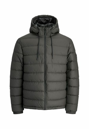 Polstret jakke i mørkegrå, med hætte, lynlås foran og elastiske manchetter. Designet inkluderer vandrette quiltede sektioner.