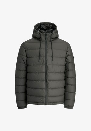 Polstret jakke i mørkegrå, med hætte, lynlås foran og elastiske manchetter. Designet inkluderer vandrette quiltede sektioner.
