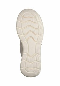 Suola di scarpa in gomma bianca con scanalature testurizzate e motivi a onda. Presenta una punta arrotondata e un chiaro marchio della misura.
