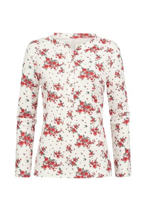 Cămașă henley cu mânecă lungă albă, prezentând un model floral cu trandafiri roșii și frunze verzi, un plastron cu cinci butoane și textură ribbed.