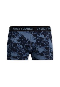 Boxers hommes en bleu foncé avec un motif de skull. Équipés d'une ceinture élastique noire avec le logo "JACK & JONES". Fabriqués en tissu doux.