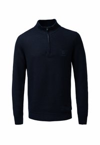 Suéter de cuello con cremallera en azul marino, hecho de tejido de punto texturizado, con mangas largas y un pequeño parche de logo en el pecho.