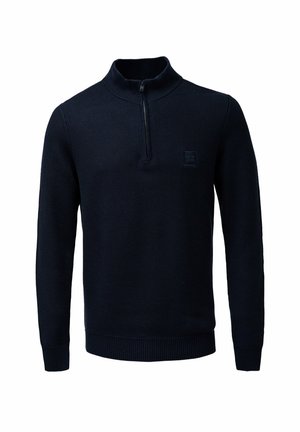 Suéter de cuello con cremallera en azul marino, hecho de tejido de punto texturizado, con mangas largas y un pequeño parche de logo en el pecho.
