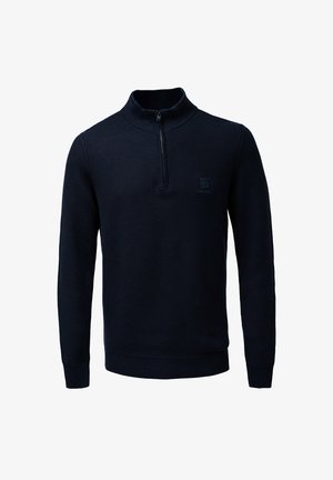 Maglione con zip blu navy realizzato in tessuto a maglia testurizzato, caratterizzato da maniche lunghe e un piccolo logo ricamato sul petto.