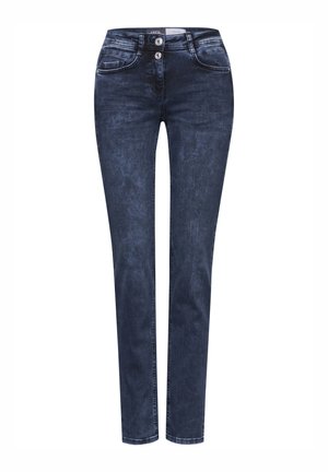 Jean en denim bleu foncé avec une coupe slim, dotés de deux poches avant, d'une fermeture à bouton et d'un léger délavage pour la texture.