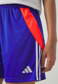 Zili sporta šorti ar spilgti oranžu sānu paneļa, baltām svītrām un pelēku trefoil logotipu malā. Izgatavoti no gludas, vieglas materiāla.