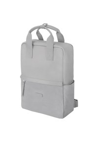 Grauem Rucksack mit glattem, strukturiertem Design. Verfügt über zwei Griffe, eine Reißverschlusstasche auf der Vorderseite und einen Textilboden mit Lederelementen.