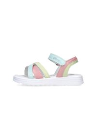 Sandali multicolori con cinturini sintetici di colore verde chiaro, rosa e blu. Suola flessibile bianca con un motivo testurizzato.